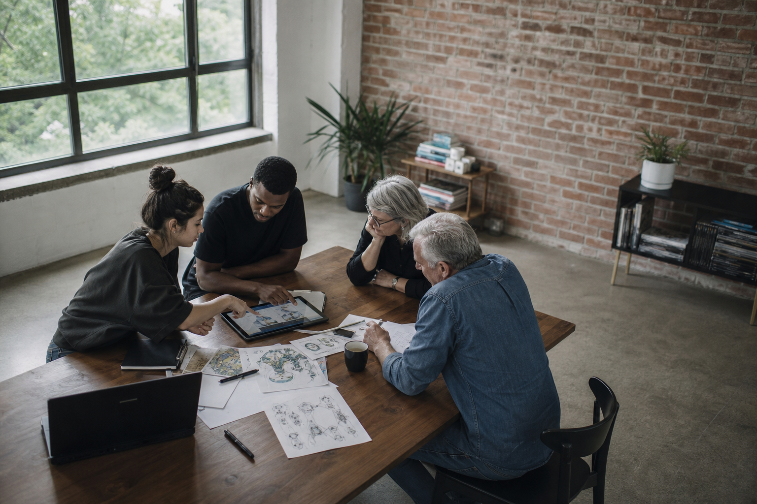 A creative agency team reviewing work around a shared table