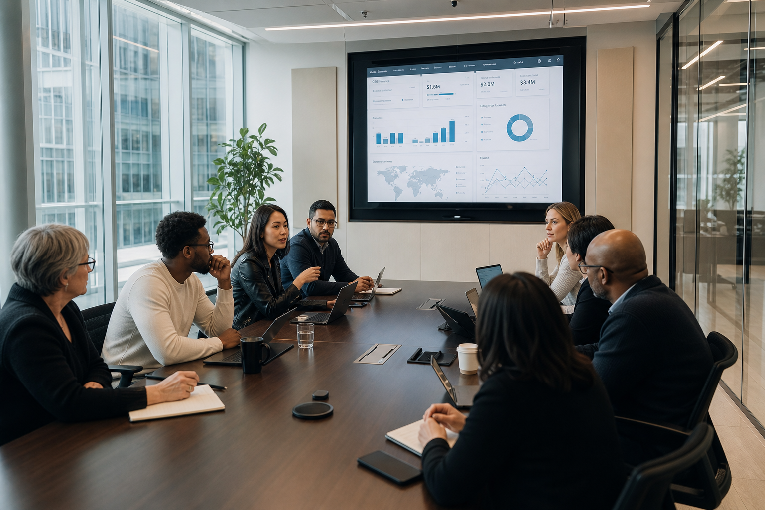 An enterprise meeting room with a team around a long table
