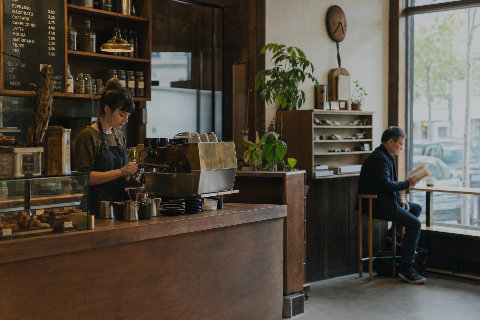 Coffee shop interior with barista at the espresso machine