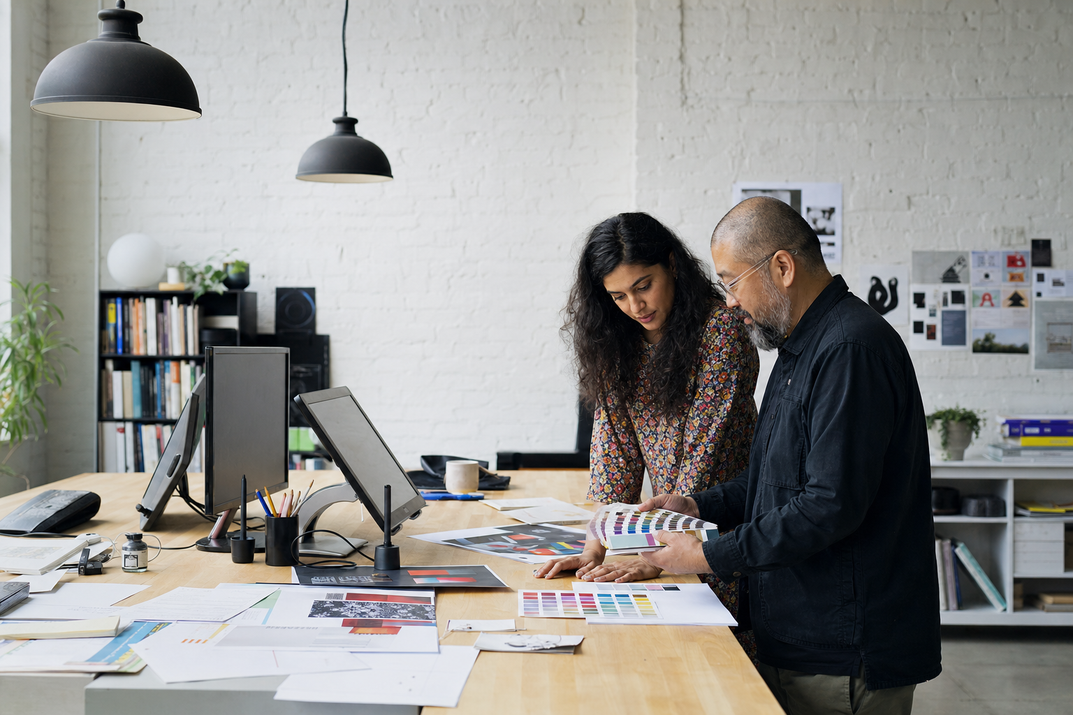 Design studio with monitors and workbench