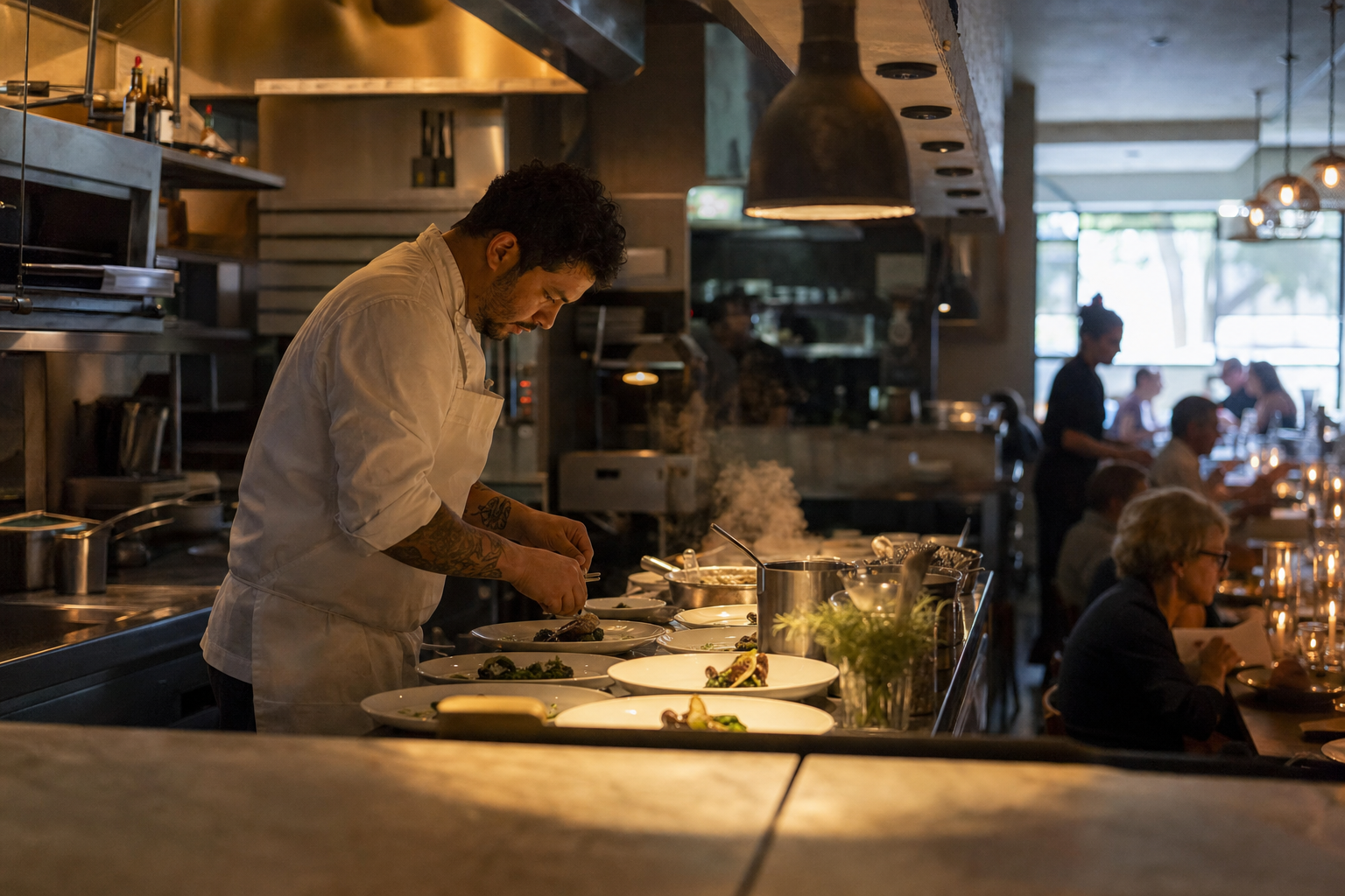 Restaurant kitchen during dinner service
