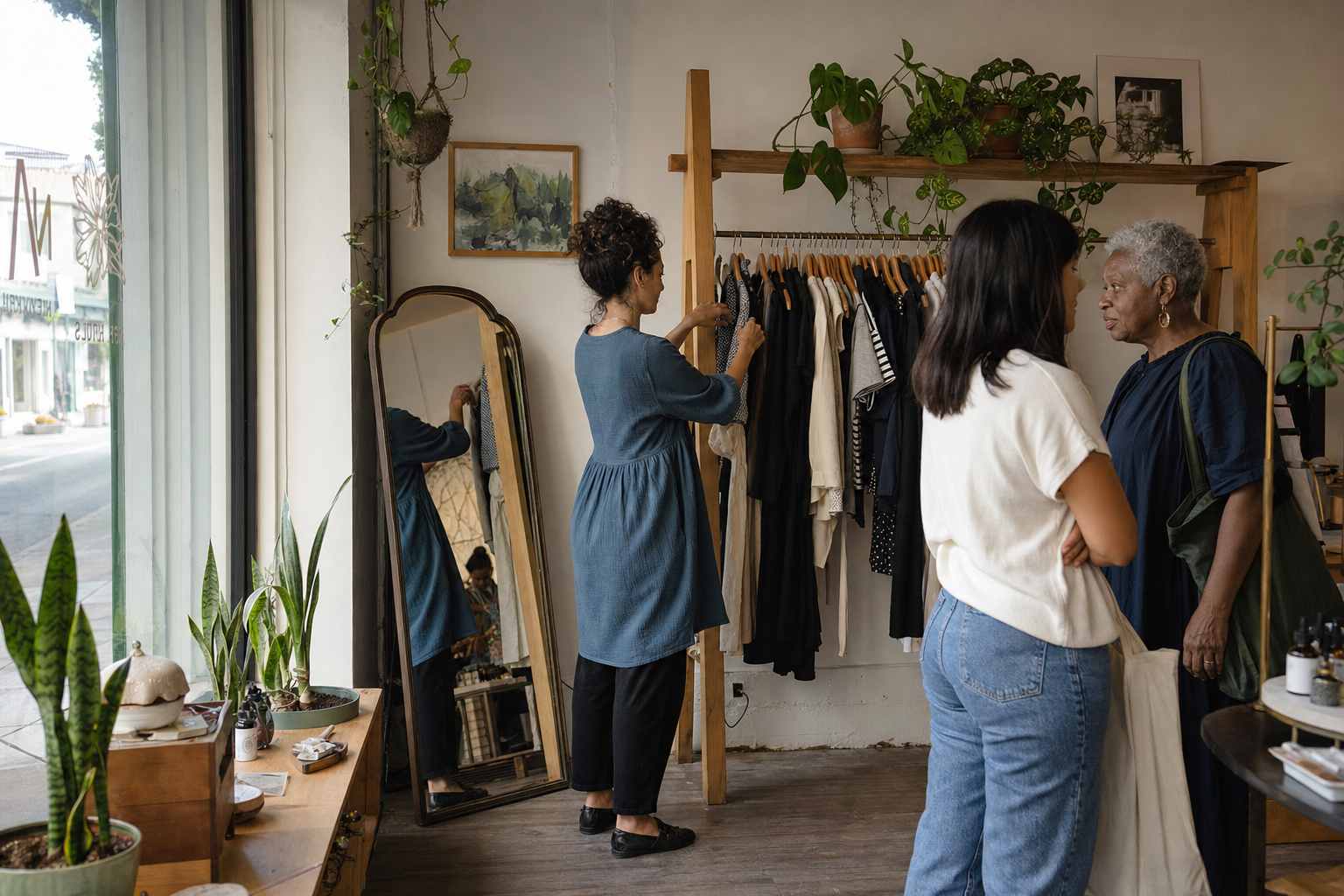 Independent boutique with owner arranging clothing