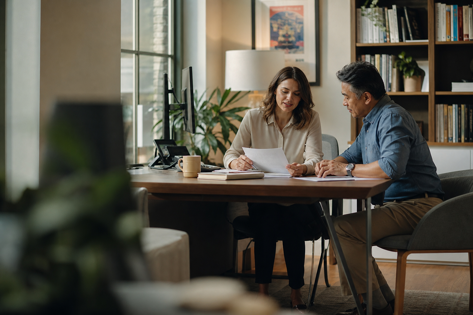 Consultant reviewing documents with a small business owner