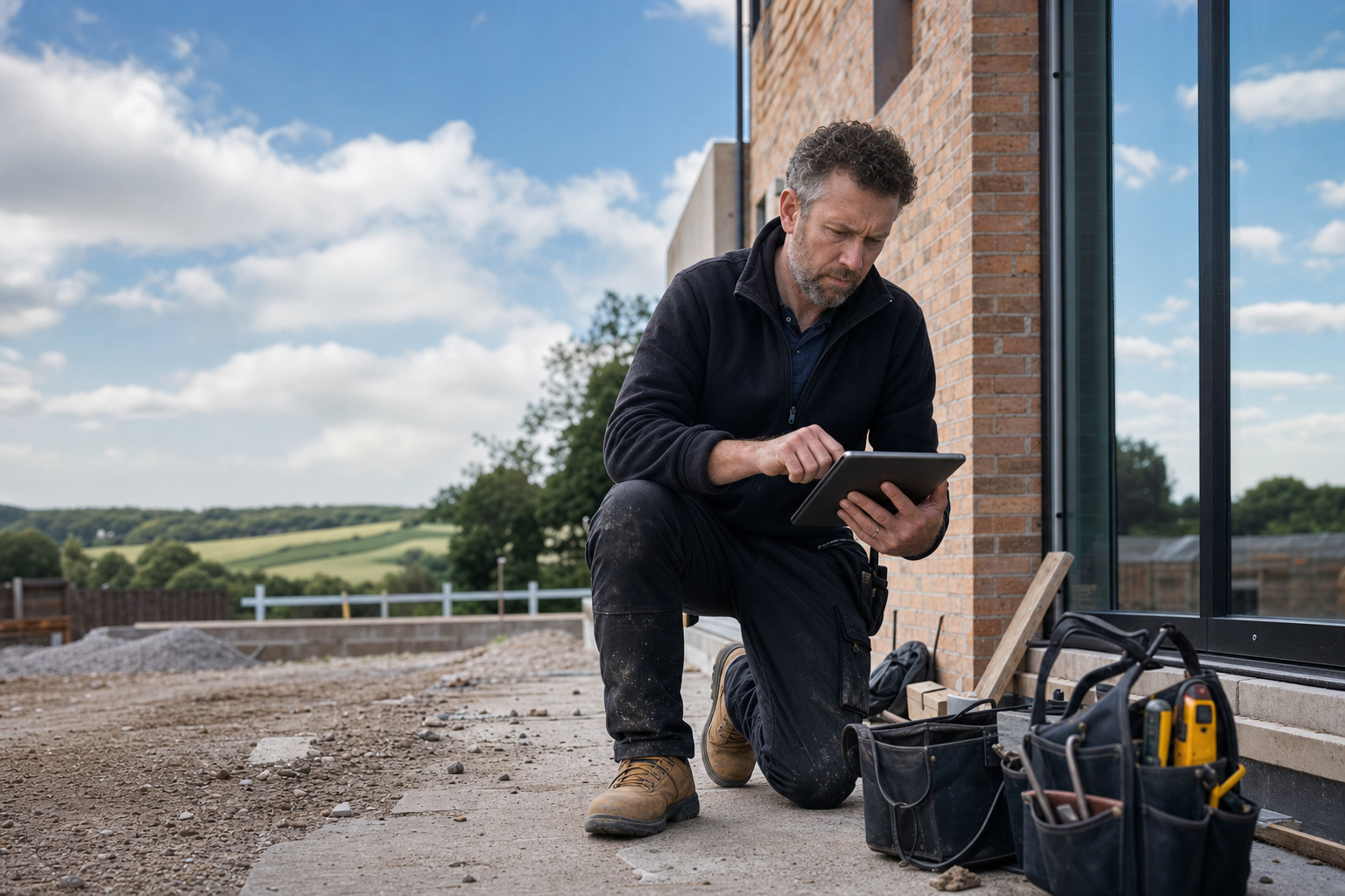 A tradesperson inspecting a building site with a tablet