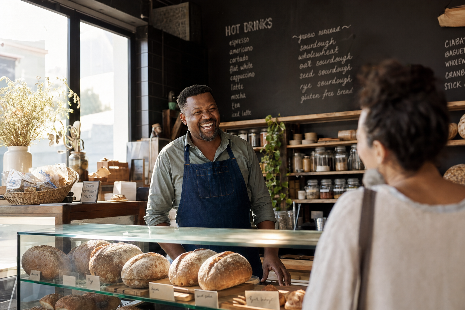 A small bakery owner laughing with a customer