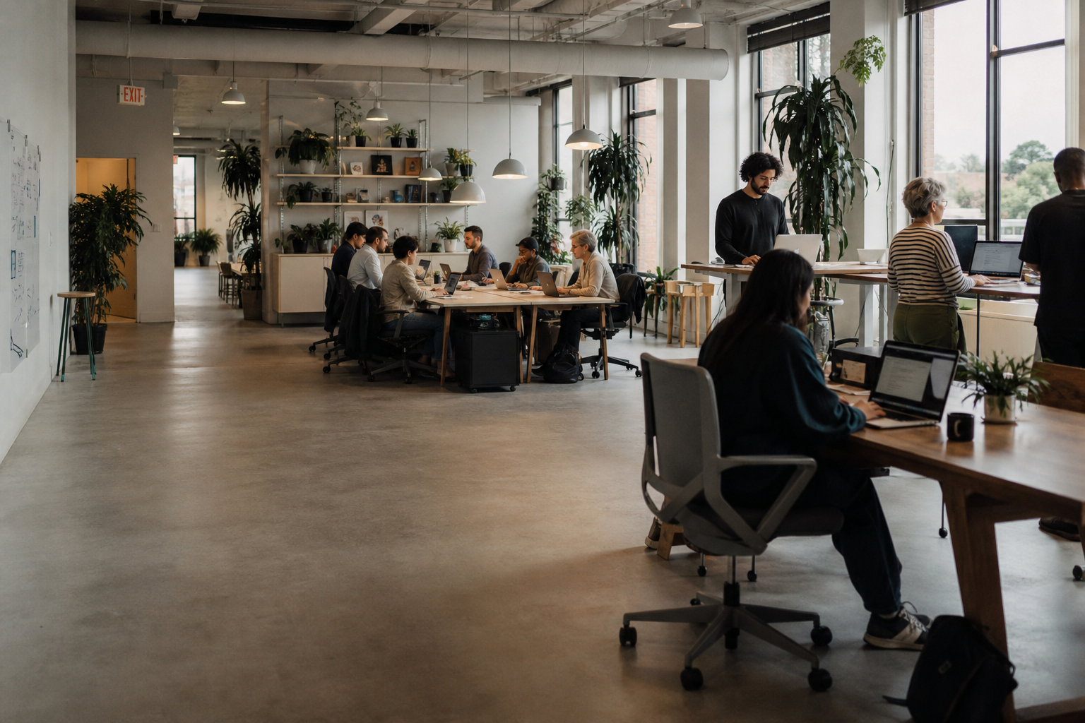 A mid-size open-plan office with diverse team at work