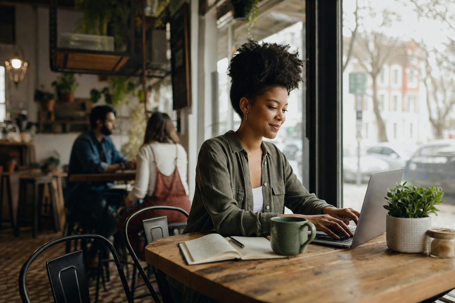 A solo founder working at a small coffee shop with a laptop
