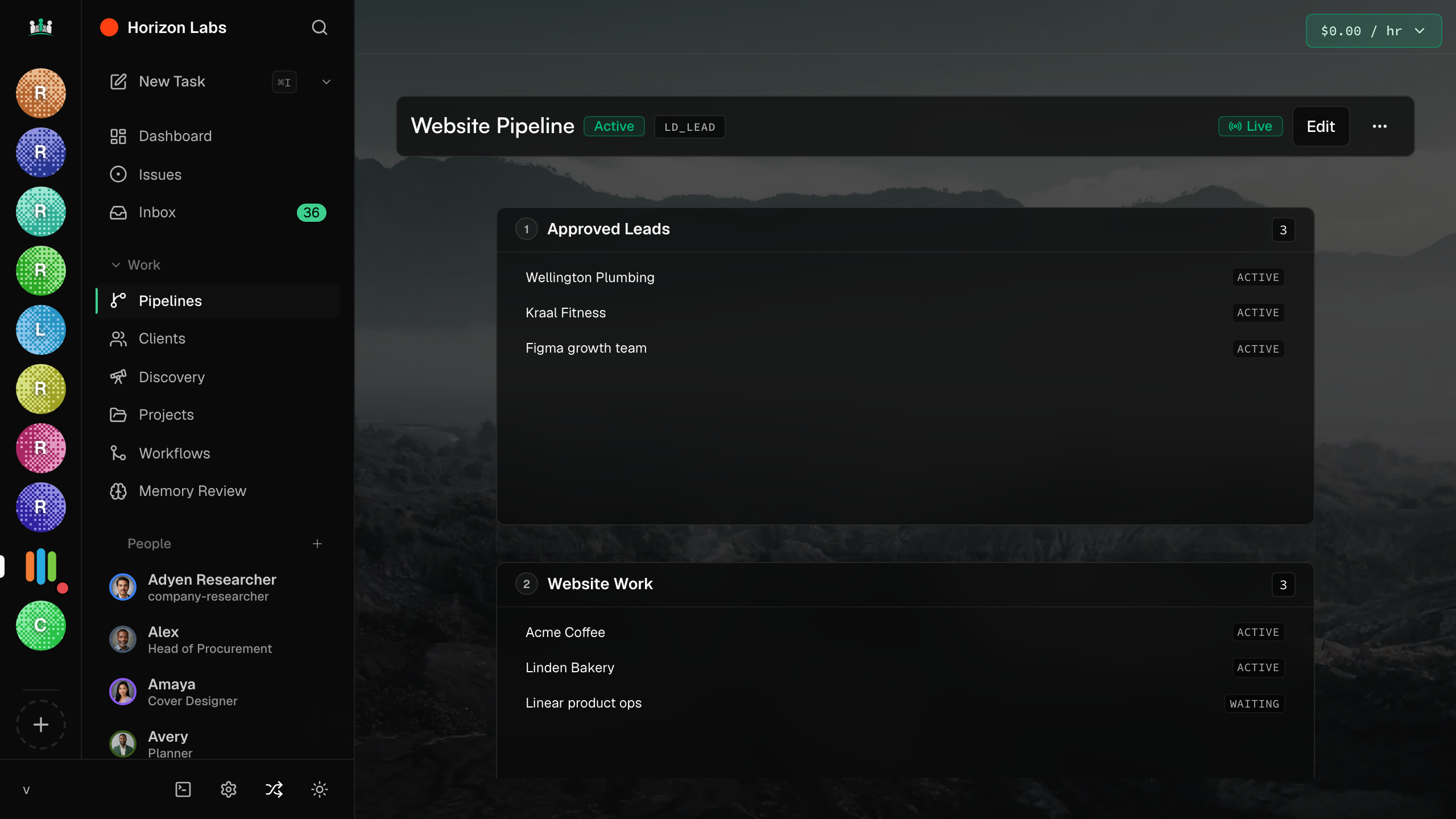 Pipelines view in Company Agents