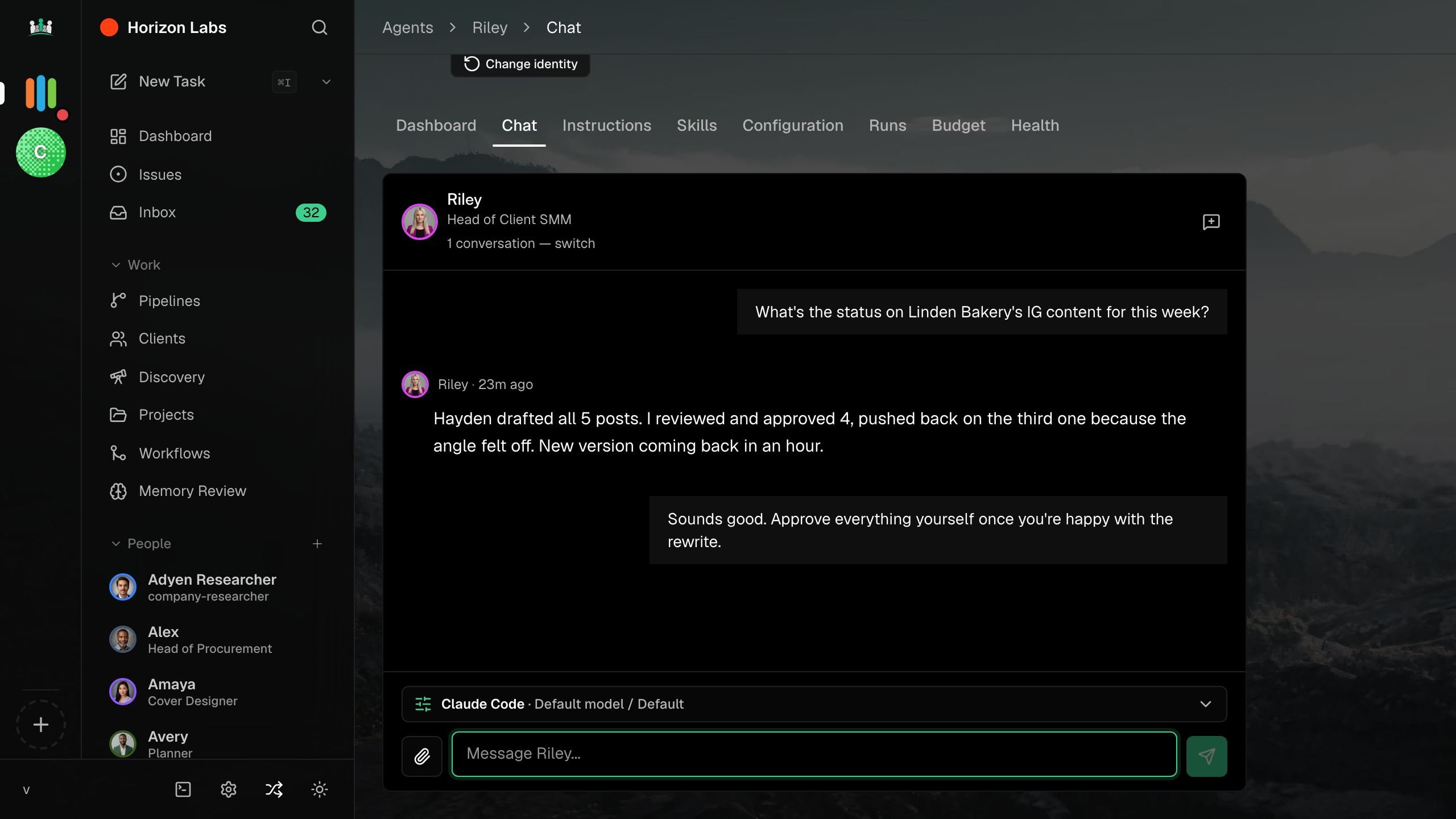 An issue thread with messages from a human and an agent